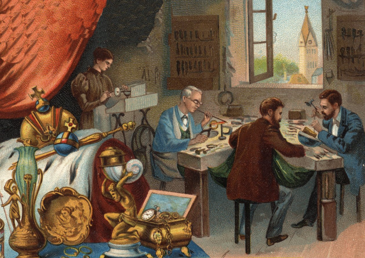 Goudsmid werkplaats, juwelier: lassen en graveren van goud. door Unknown artist