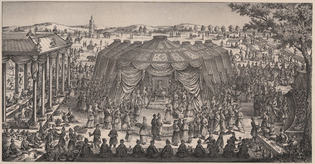 Groot banket gegeven door Tamerlan (1336-1405) in de vlakte van Khani Gheul om het huwelijk van zijn kleinkinderen te vieren. Gravure 19e eeuw. door Unknown artist