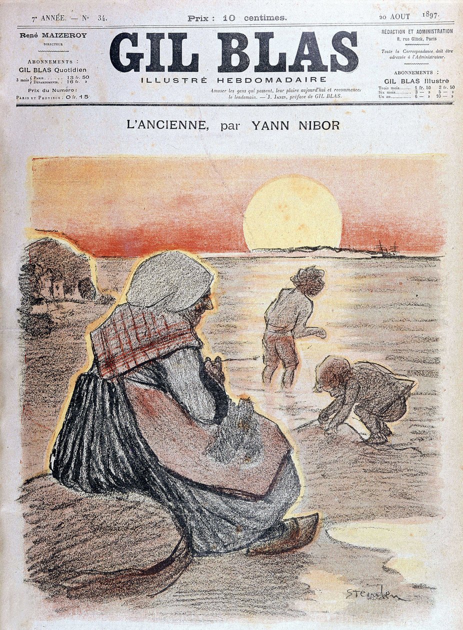 Grootmoeder en kinderen in de ondergaande zon, 