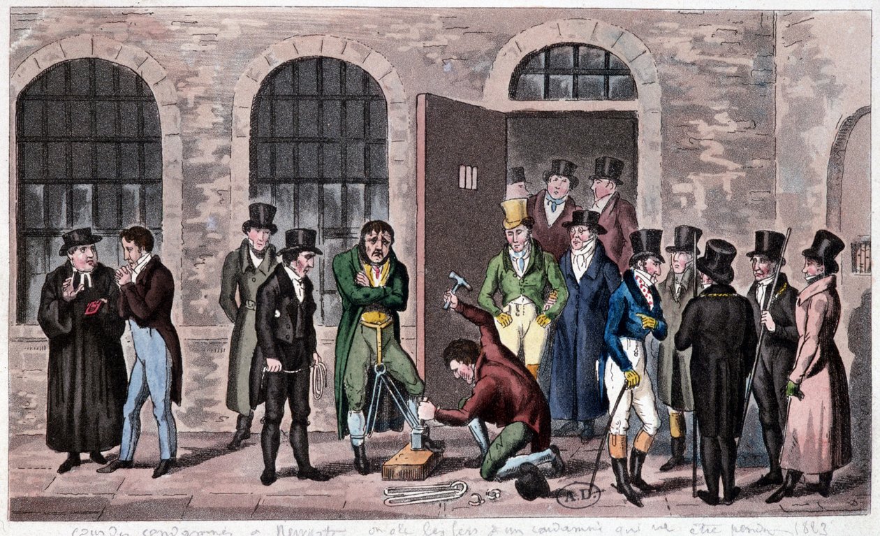Groot-Brittannië Gevangenis: Een doodvonnis is gehecht aan de Newgate-gevangenis in Londen (vaak genoemd in de romans van Charles Dickens). Gravure rond 1823. Bibliotheek van Decoratieve Kunsten. door Unknown artist