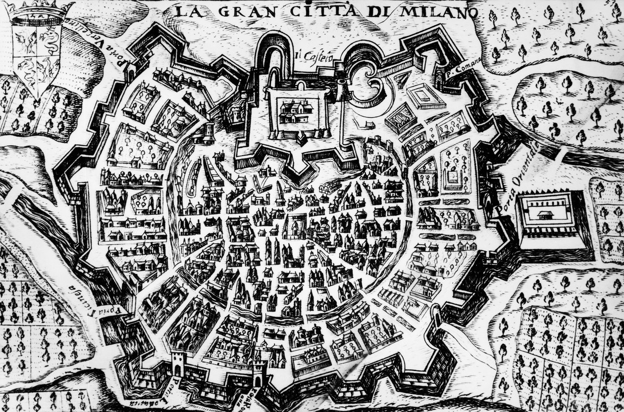 Grote stad Milaan, gravure van kaart van Milaan door Unknown artist