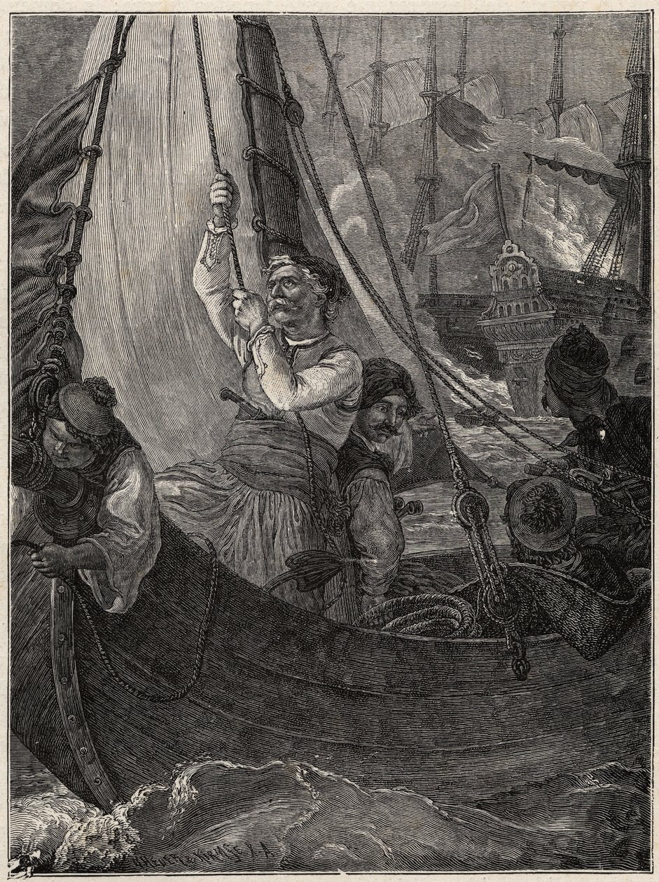 Griekse Onafhankelijkheidsoorlog 1821 - 1829: Constantine (Constantine) Kanaris (Konstantinos Canaris) verbrandt het vlaggenschip van de Turkse vloot voor Chios door Unknown artist