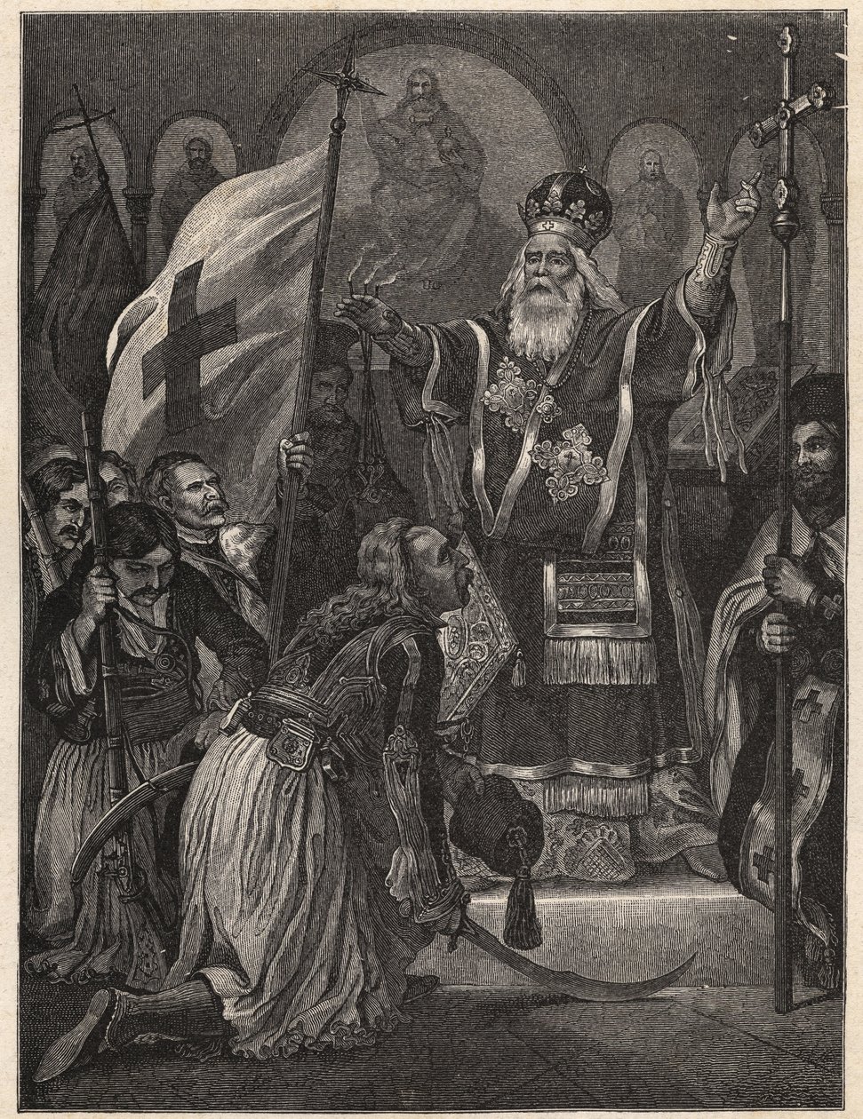 Griekse Onafhankelijkheidsoorlog 1821 - 1829: bisschop Germanos III van Oud-Patras (Georgios Gotzias) zegent de vlag van de strijd voor vrijheid, Agia Lavra-klooster, 21 maart 1821 - gravure naar schilderij door Unknown artist