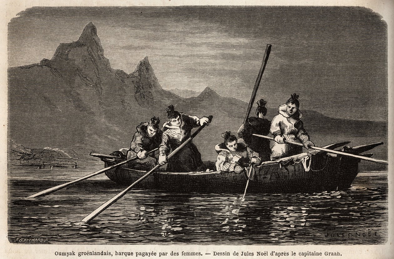 Groenlandse Umyak, type boot bediend door vrouwen. Gravure ter illustratie van de reis naar de vrije zee van de Noordpool, door dokter Hayes, chirurg van de Amerikaanse marine, in 1860-1862, gepubliceerd in 