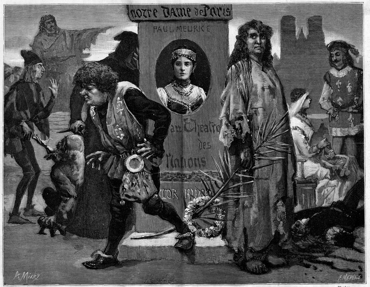 Gringoire, Quasimodo, La Esmeralda, La Sachette en Phoebus. Hoofdpersonen in het toneelstuk 