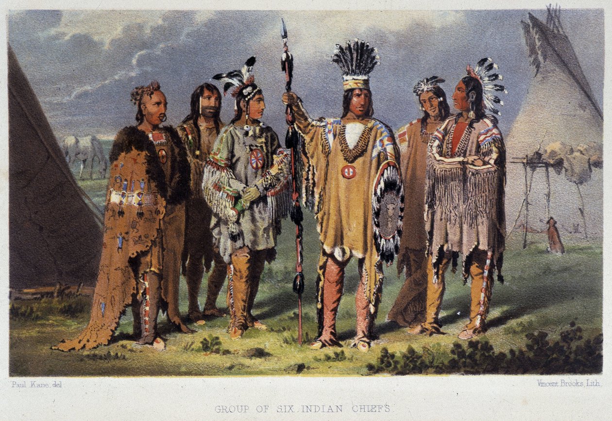 Groep van zes Indiaanse stamhoofden - in "Wandering of an artist among the indians of north america" door Paul Kane, Longmans & Roberts, Londen door Unknown artist