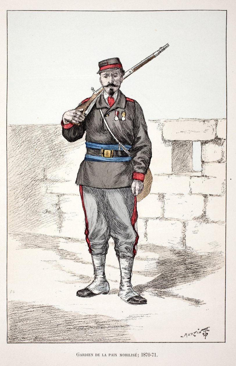 Vredesbewakers mobiliseren (1870-1871). Kleurgravure, ter illustratie van 