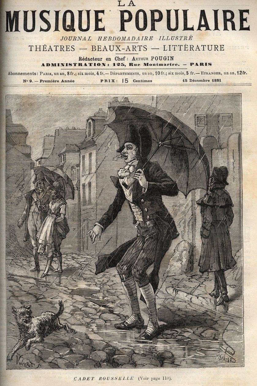 Guillaume Joseph Rousselle, genaamd Cadet Rousselle (1743-1807), Franse deurwaarder, in de regen in een straat van Parijs (gravure in 