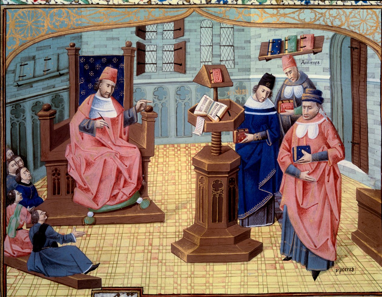 Guy van Chauliac, chirurgijn leraar. Aan zijn rechterkant 6 luisteraars en aan zijn linkerkant 3 personages die de geschiedenis van de geneeskunde samenvatten: Claude Galien, Griekse arts uit de oudheid, Avicenna, Perzische arts door Unknown artist