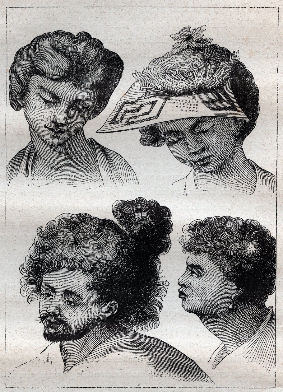 Kapsels van de inwoners van Tahiti - illustratie uit 