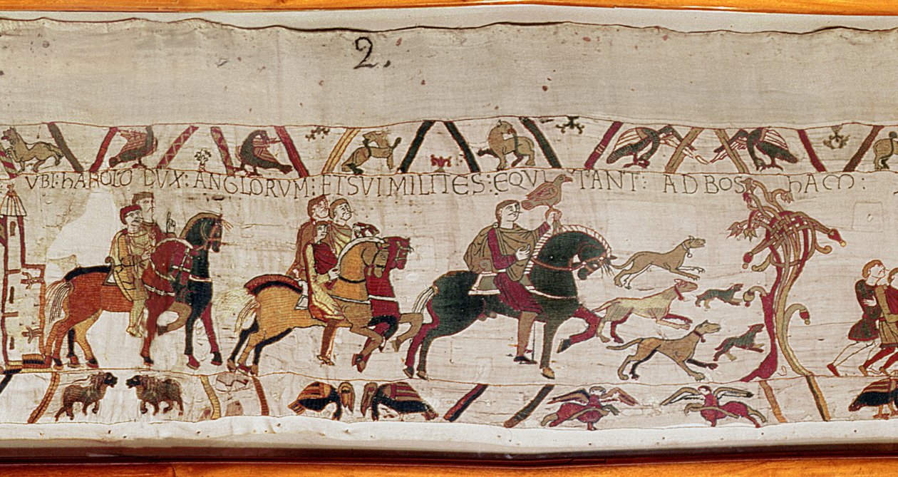 Harold wordt met zijn mannen naar Normandië gestuurd door Edward de Belijder, Tapijt van Bayeux door Unknown artist