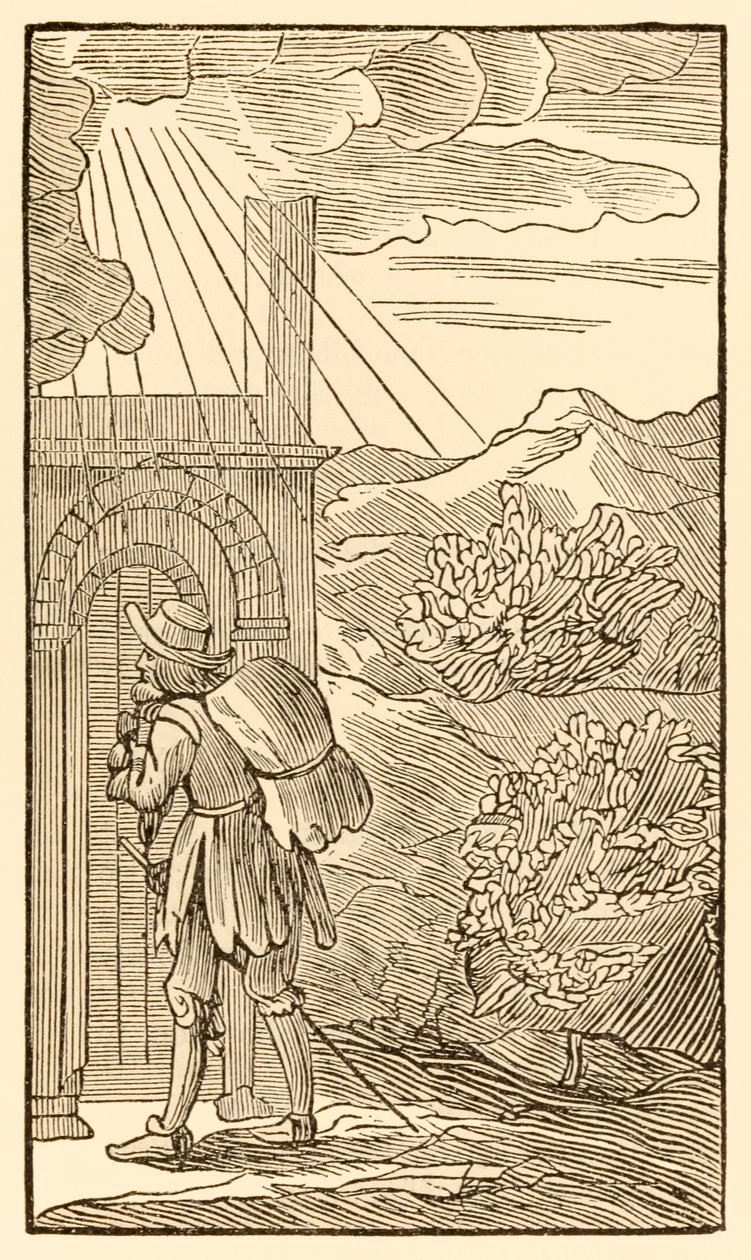 Hij die wil binnengaan moet eerst buiten staan kloppen aan de poort... uit The Pilgrims Progress From This World, To That Which Is To Come door John Bunyan door Unknown