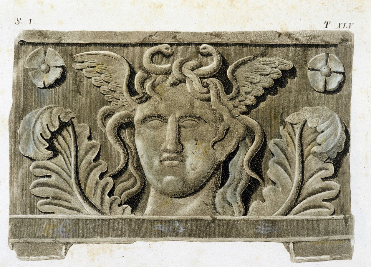 Hoofd van Medusa, een van de drie Gorgonen, stenen bas-reliëf - in "Monumenti Etruschi" door Unknown artist