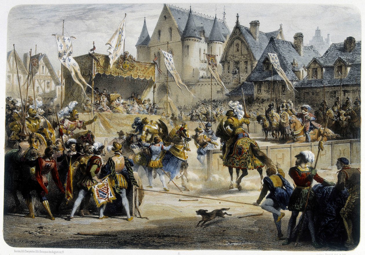 Henri II (1519 - 1559) dodelijk gewond door Montgomery tijdens het toernooi van 29 juni 1559, rue St Antoine, voor het Palais des Tournelles - lithografie door Unknown artist