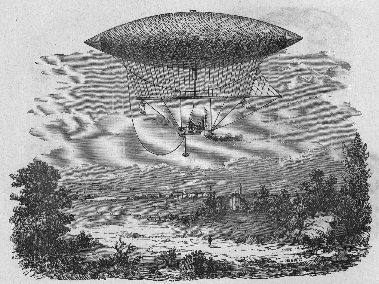 Henry Giffard test een 44 meter lange stoomballon. In 