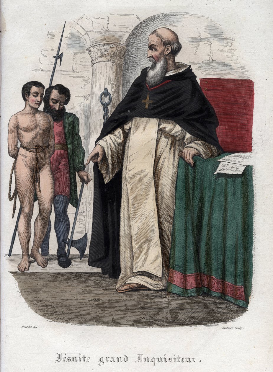 Ketterse gevangene en Jezuïet Grootinquisiteur tijdens het bewind van paus Clemens VIII (1592-1605). Gravure uit 1842 in Histoire des popes door Maurice Lachatre. Privécollectie. door Unknown artist
