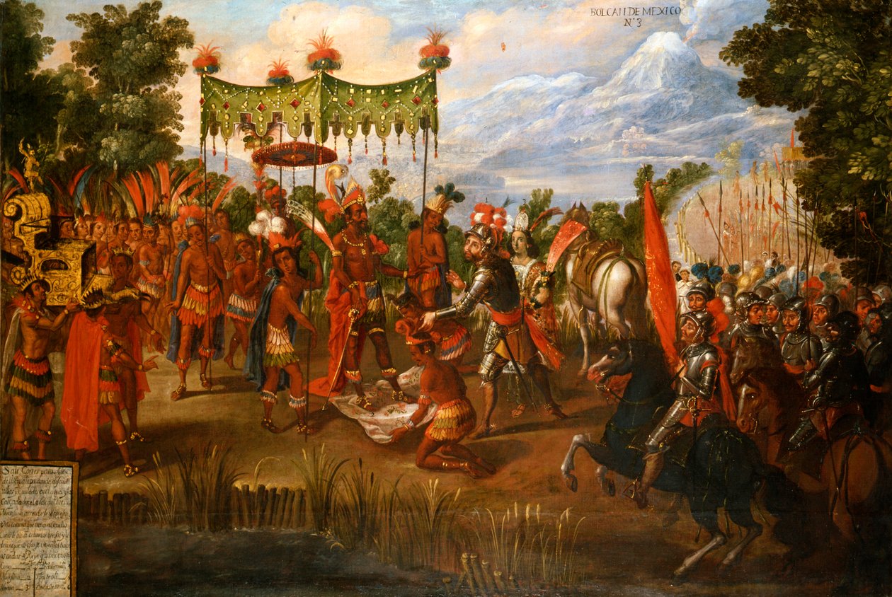 Hernan Cortes ontmoet Keizer Moctezuma door Unknown artist