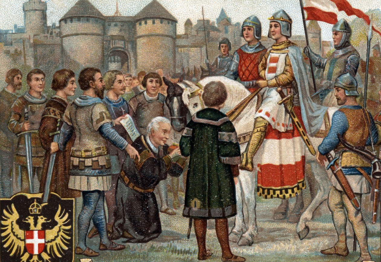 Historische episodes van beroemde steden: Rudolf van Habsburg (Rodolph I van het Heilige Rijk 1218-1291) nam bezit van Wenen (1276). Rodolph I was koning van de Romeinen en door bezit te nemen van de stad Wenen stichtte hij de macht van de Habsburgers. Chr door Unknown artist