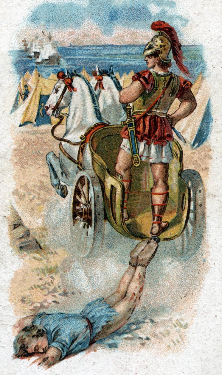 Geschiedenis van het leven van Achilles, legendarische held van de Trojaanse Oorlog: Achilles sleept het lichaam van Hector achter zijn wagen. Chromolithografie uit 1890. door Unknown artist