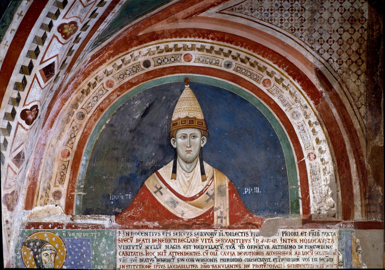 Geschiedenis van Sint Franciscus van Assisi: voorstelling van paus Innocentius III, die de bul toont die de Franciscaner regel bevestigt in 1210 door Unknown artist