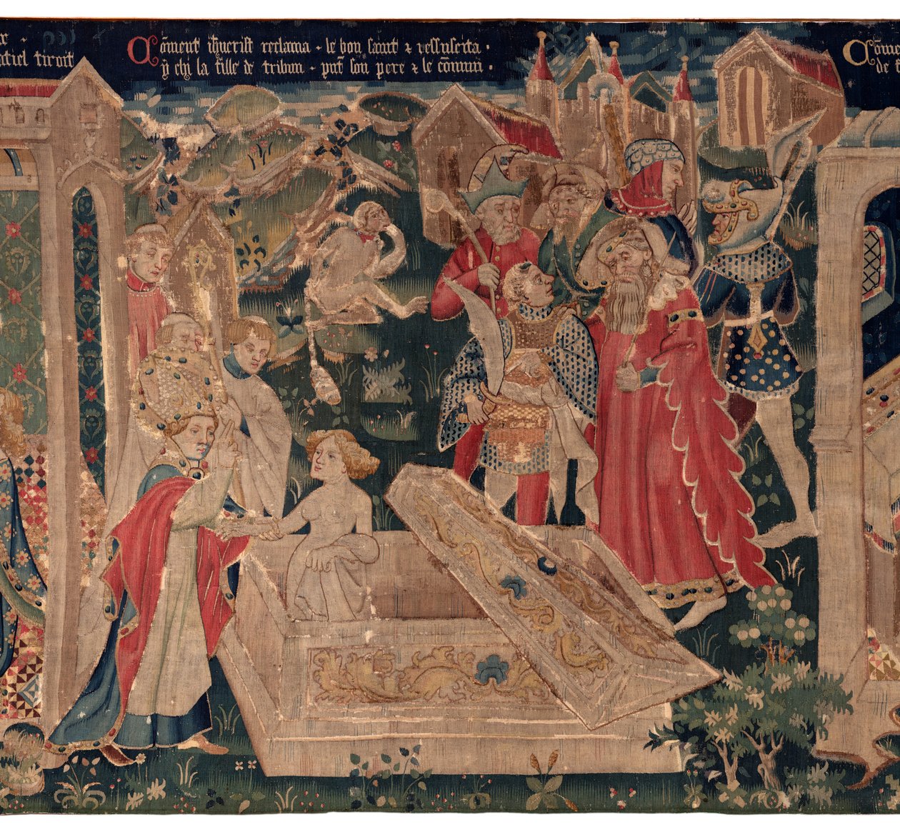 Geschiedenis van Sint Piat en Sint Eleuthère, Scene 12: De opstanding van de dochter van de tribuun (Comment Jehsucrist reclama le bon saint et ressuscita par chy la fille de tribun present son père et le commun) door Unknown artist