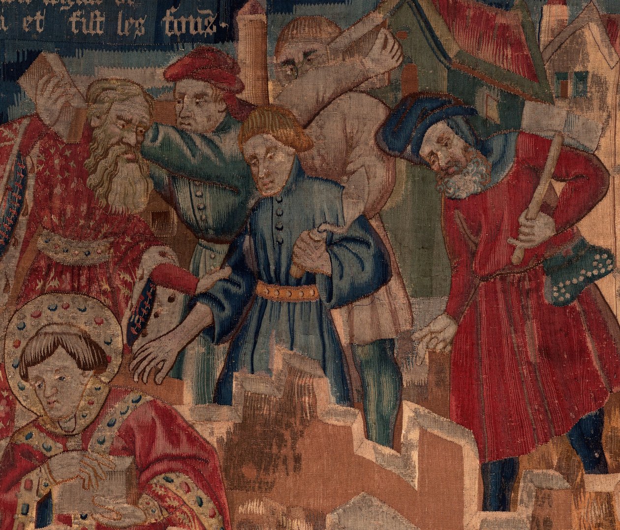 Geschiedenis van Sint Piat en Sint Eleuthère, Scène 5 Detail. Bovenkant rechts. Metselaars. door Unknown artist