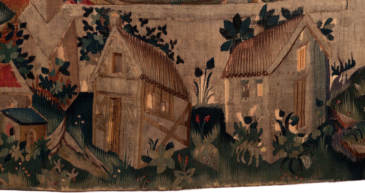 Geschiedenis van Sint Piat en Sint Eleuthère, Scene 7: Doop van de verbannen christenen, Detail onderkant. Twee huizen. door Unknown artist