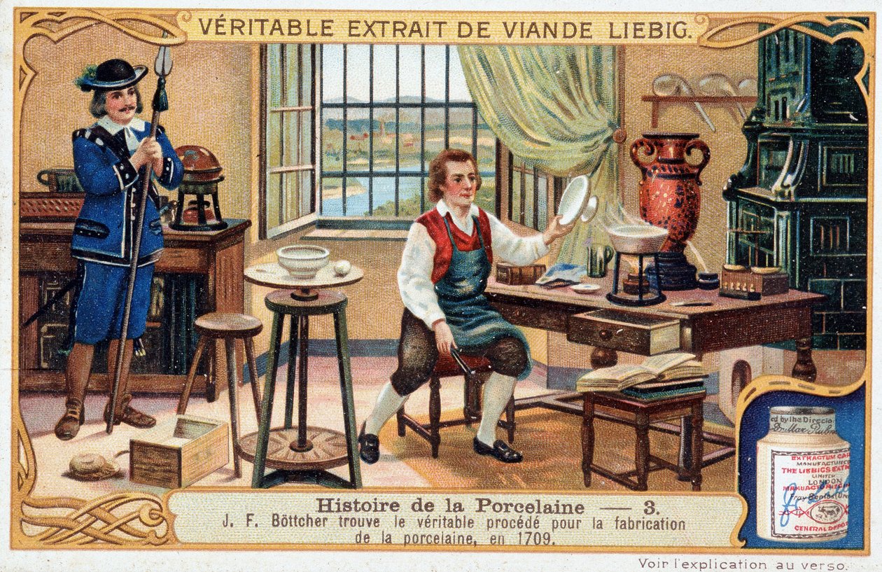 Geschiedenis van porselein: Johann Friedrich Bottger (Böttcher of Böttiger) (1682-1719) ontdekt de ware methode voor het maken van porselein in 1709 - Liebig chromolithografie door Unknown artist