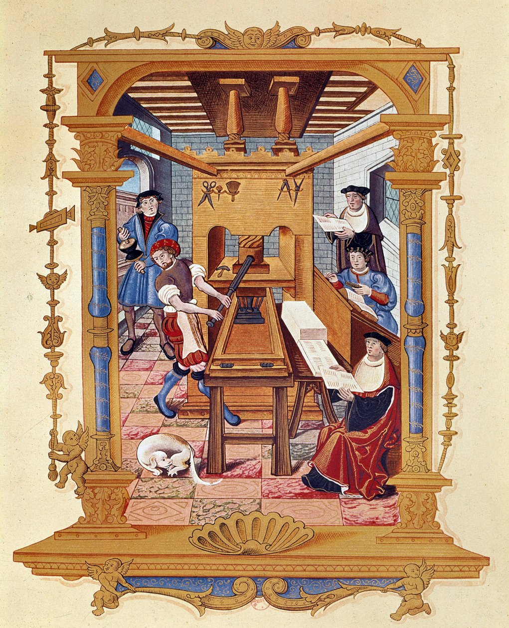 Geschiedenis van de drukkunst: een typografische werkplaats rond 1530 door Unknown artist