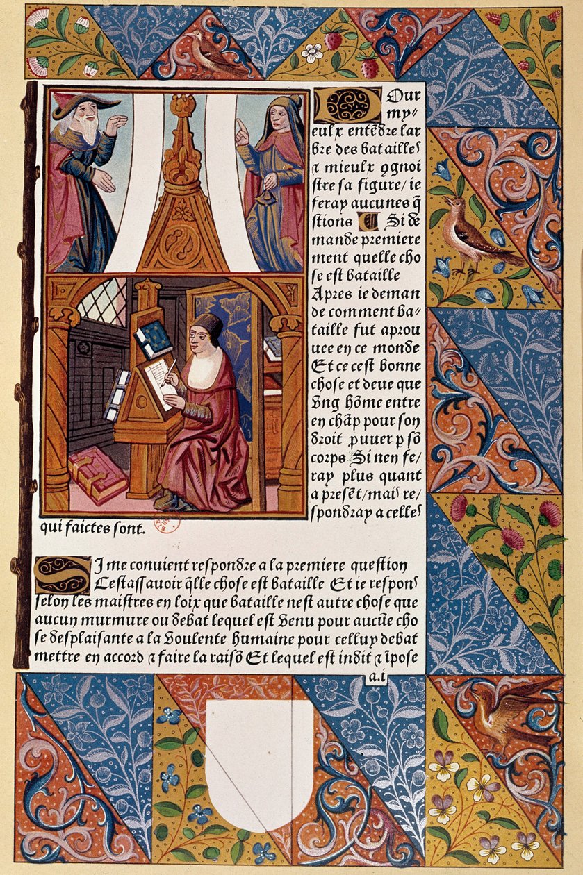 Geschiedenis van de drukkunst: uitgever Antoine Verard (? -1513) componeert zijn boek. Uit een manuscript uit 1494. door Unknown artist