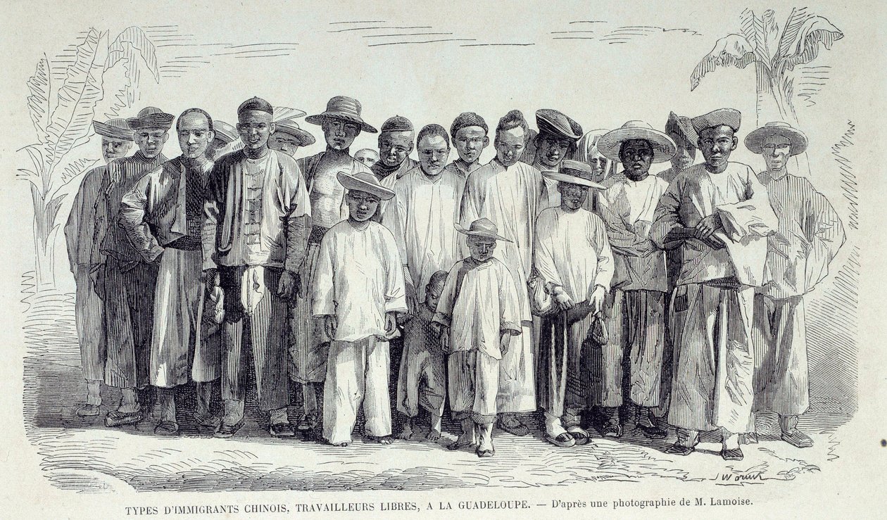 Geschiedenis van de Franse koloniën: Chinese immigranten werken in Guadeloupe. Tekening naar foto uit het einde van de 19e eeuw door Unknown artist