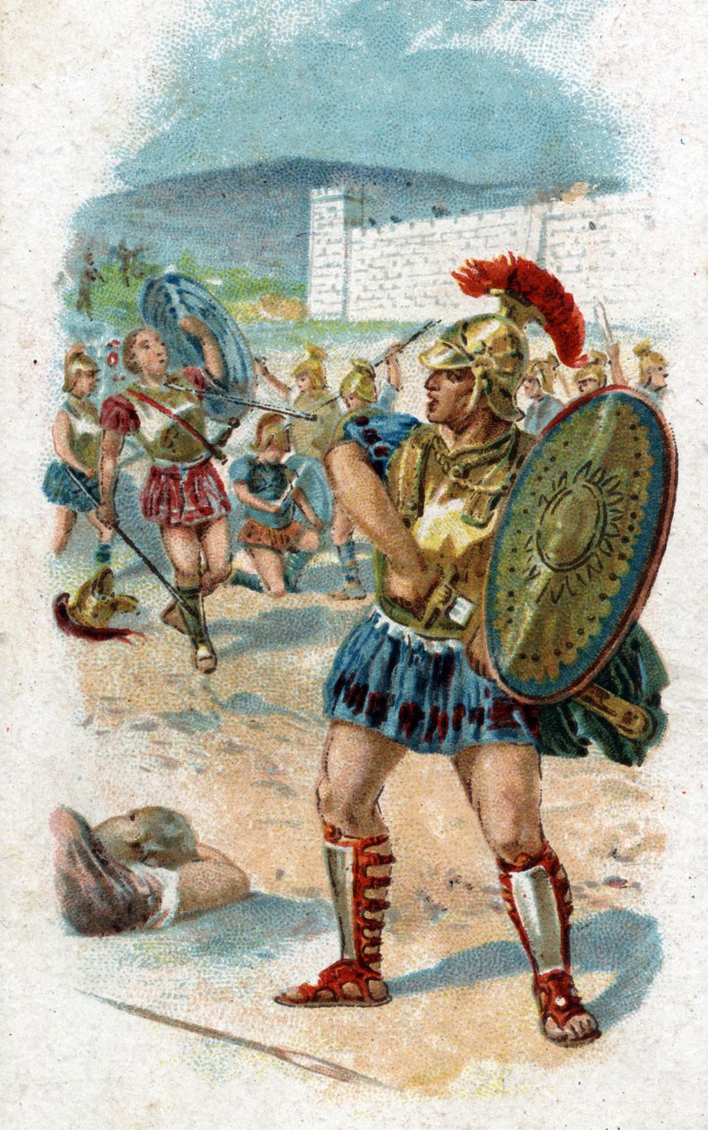 Geschiedenis van het leven van Achilles, legendarische held van de Trojaanse Oorlog: Patroclus krijgt toestemming van Achilles om de Grieken te redden door zijn wapens te dragen. Hij wordt gedood door Hector, die de wapens van Achilles als buit neemt. Chro door Unknown artist