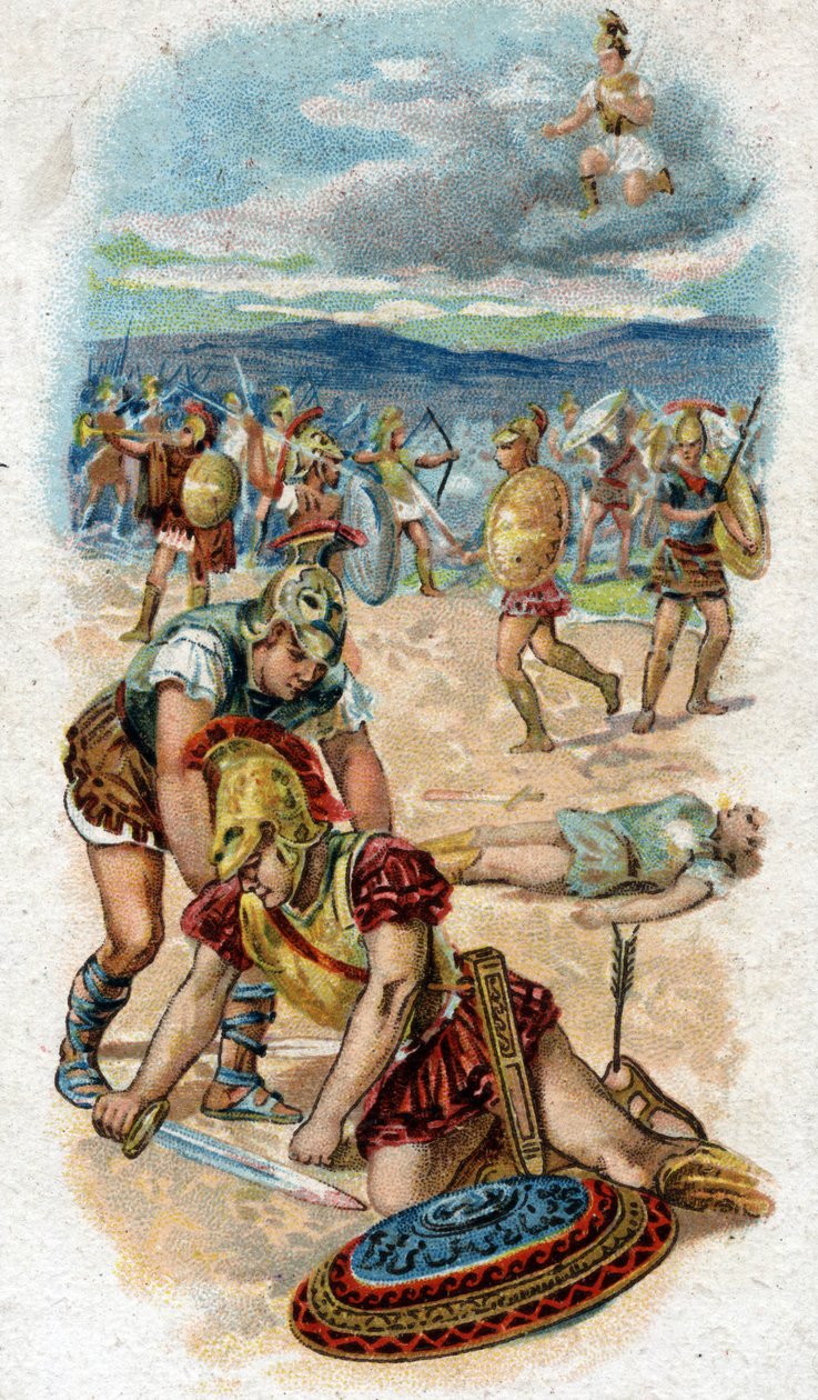 Geschiedenis van het leven van Achilles, legendarische held van de Trojaanse Oorlog: dood van Achilles, aan de voet van de muren van Troje, zijn hiel, zijn zwakke punt, doorboord door een pijl geschoten door Paris. Chromolithografie van 1890 door Unknown artist