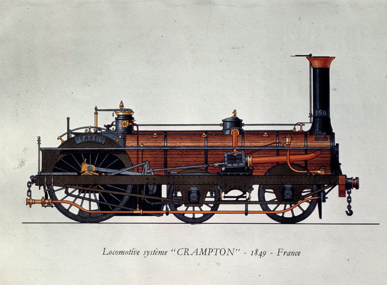 Geschiedenis van transport: locomotiefmodel, Crampton-systeem genoemd naar Thomas Russell Crampton (1816-1888), Britse ingenieur: hij creëerde een hogesnelheidslocomotief. Gravure uit 1849 Parijs, Decoratieve Kunsten door Unknown artist