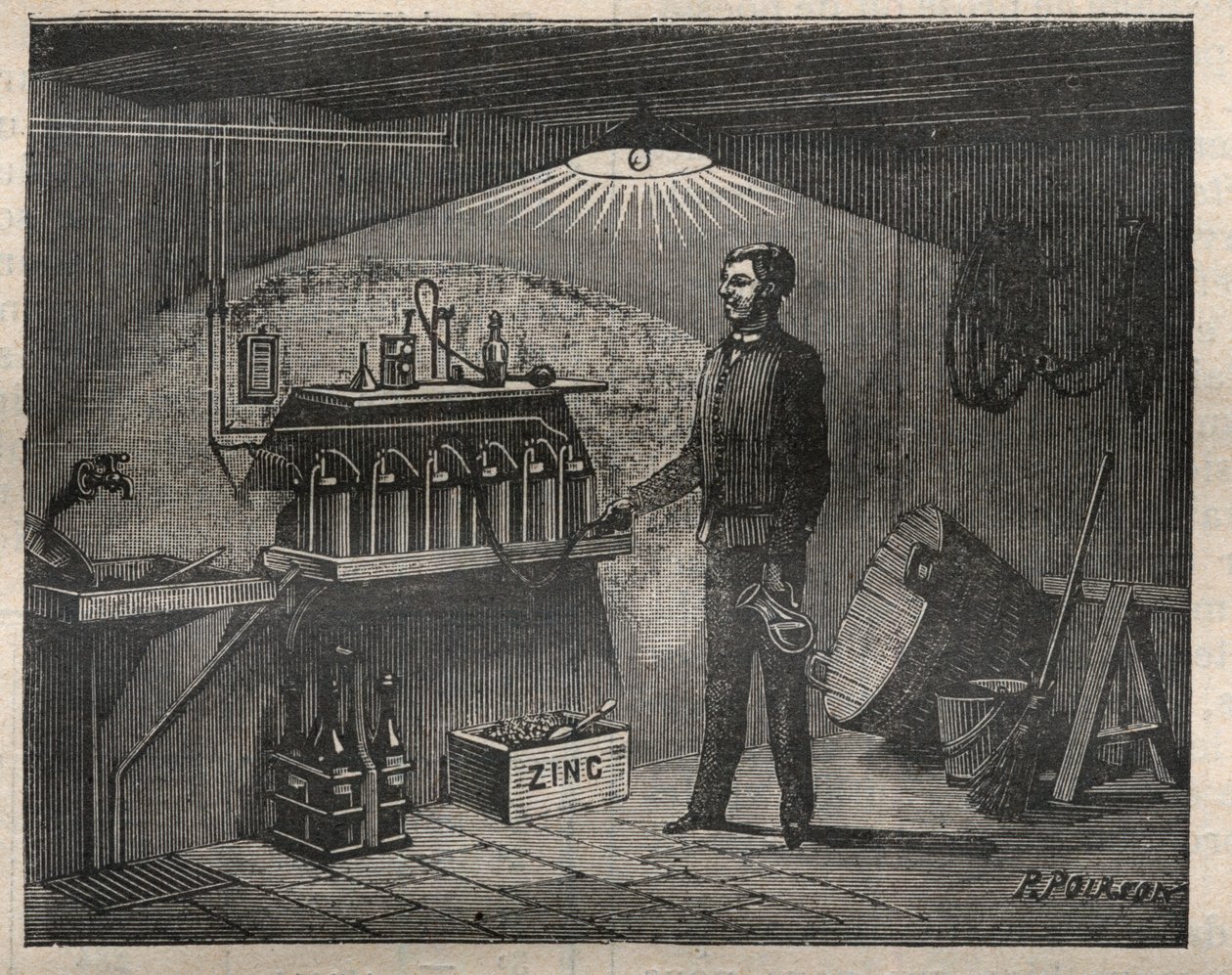 Thuis Elektriciteit: Installatie van de batterij uitgevonden door Radiguet in een kelder - Gravure in 
