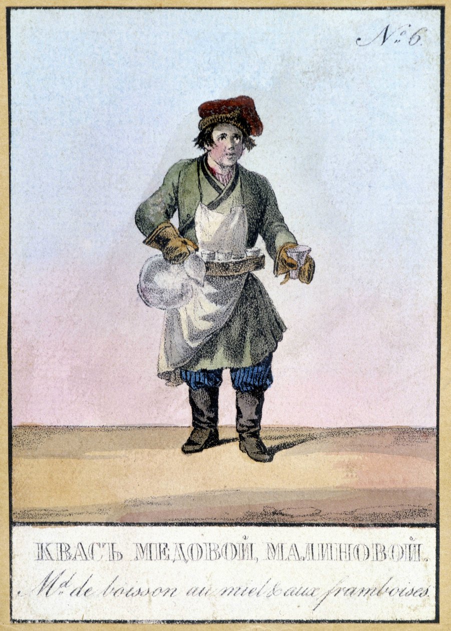 Honing- en frambozendrankverkoper in Rusland in de 19e eeuw. Illustratie uit de 19e eeuw. door Unknown artist