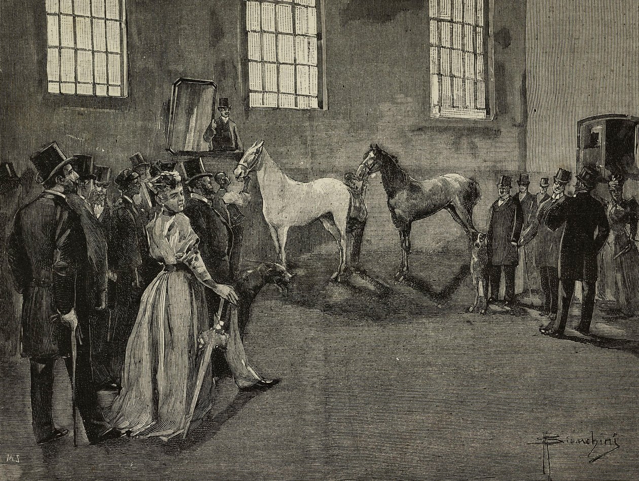 Paardenveiling bij Tattersall, Verenigd Koninkrijk, gravure uit L
