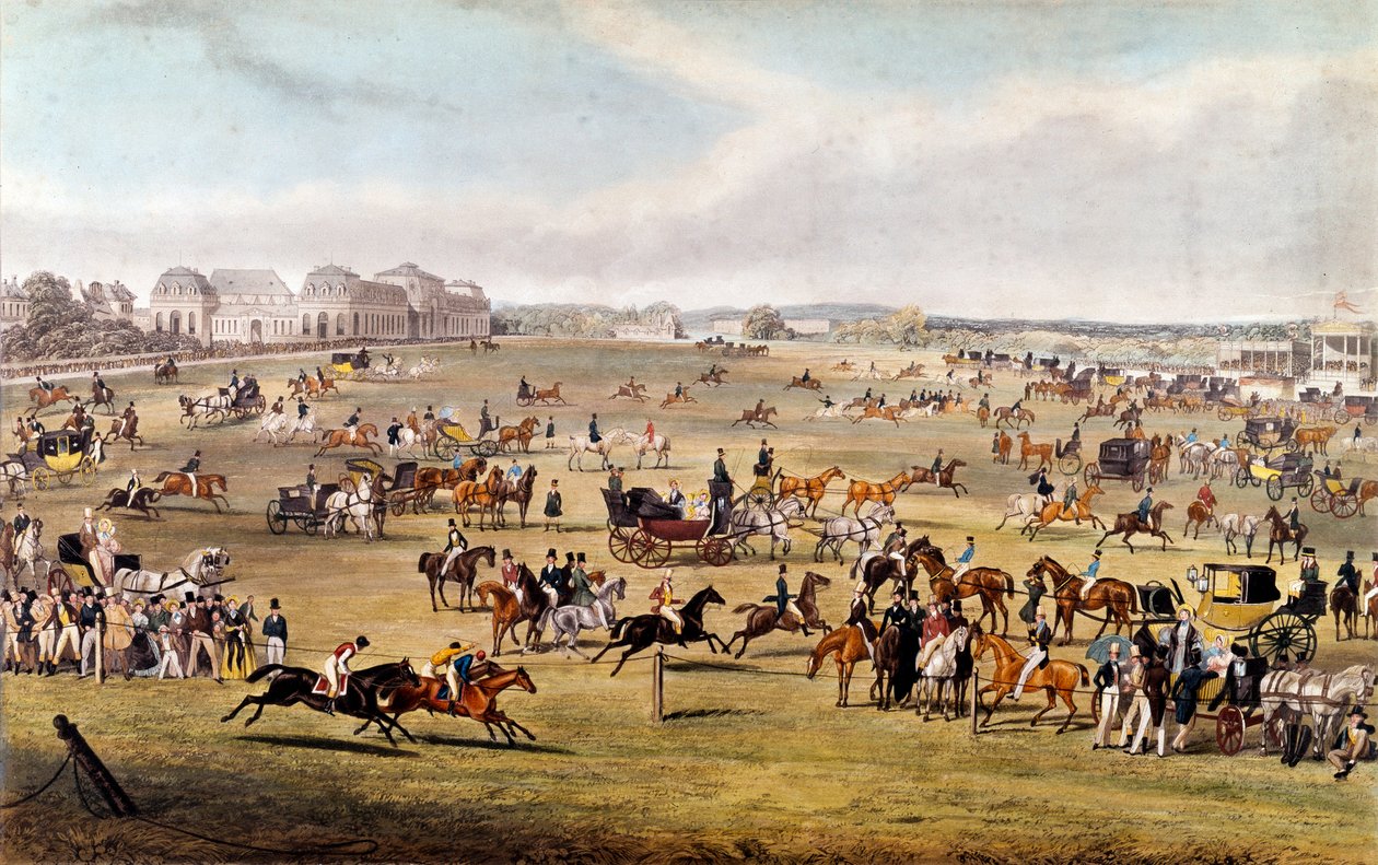 Paardenrace in Chantilly onder het beschermheerschap van de hertog van Orléans Gravure uit 1841. Privécollectie door Unknown artist