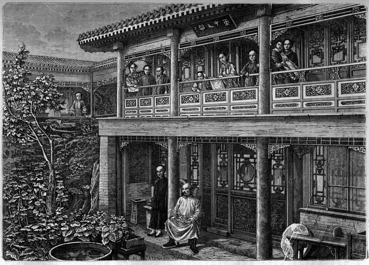 Huis van een rijke Chinese handelaar; Gravure in 