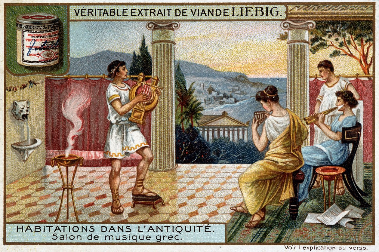 Huizen in de Oudheid: Griekse Muziekkamer - Liebig Chromolithografie door Unknown artist
