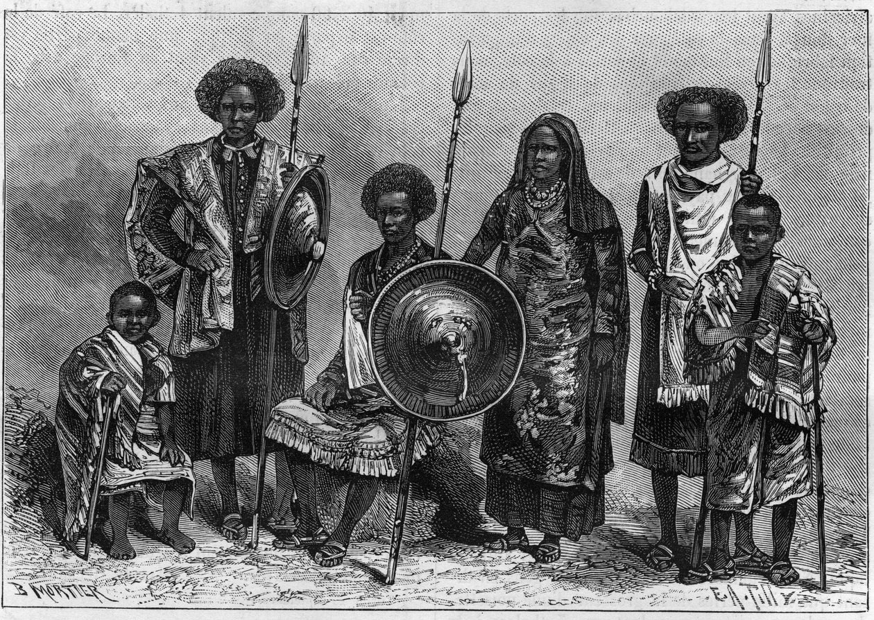 Menselijke dierentuin: groep Assabais, een stam uit Ethiopië, toen Italiaanse kolonie. Tentoonstelling in Turijn als onderdeel van de Nationale Tentoonstelling van 1884. Gravure in 