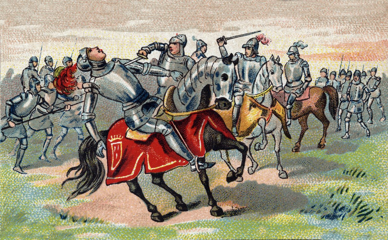 Honderdjarige Oorlog: Jean Talbot (1390-1453) (John Talbot) 1e Graaf van Shrewsbury, 7e Baron Talbot Ridder van de Kousenband in 1424, gedood in de Slag bij Castillon in 1453. Chromolithografie door Unknown artist