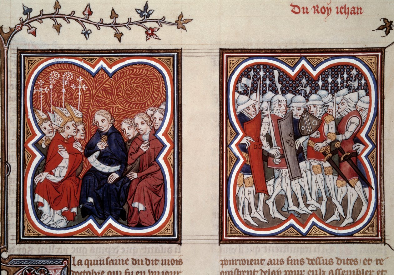Honderdjarige Oorlog: Links de toekomstige dauphin Karel V de wijze en de raadsleden van de Staten-Generaal die de bevrijding van zijn vader Jan II na de slag bij Poitiers in 1356 bevalen door Unknown artist