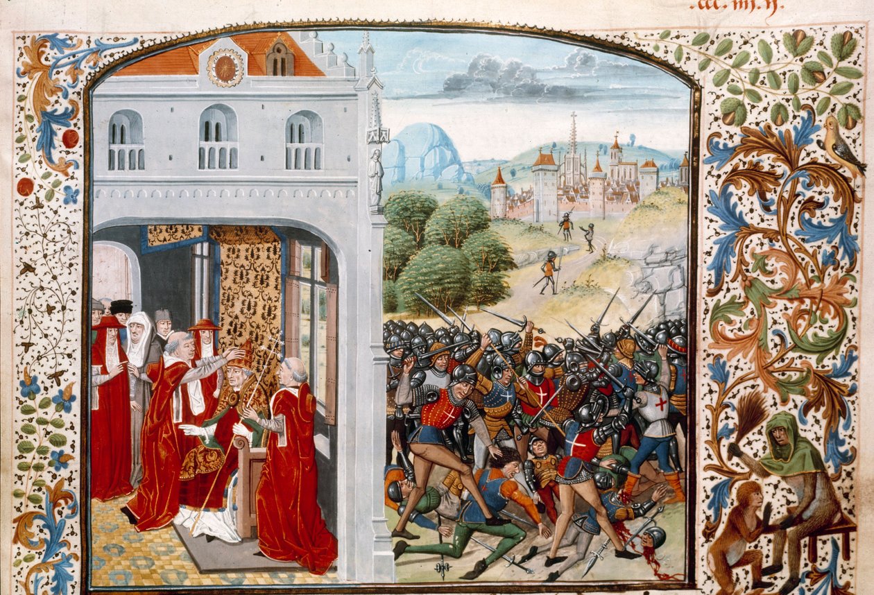 Honderdjarige Oorlog: paus Gregorius XI gekroond in Avignon in 1370. De slag bij Pontvallain tussen Fransen en Engelsen op 4/12/1370 door Unknown artist