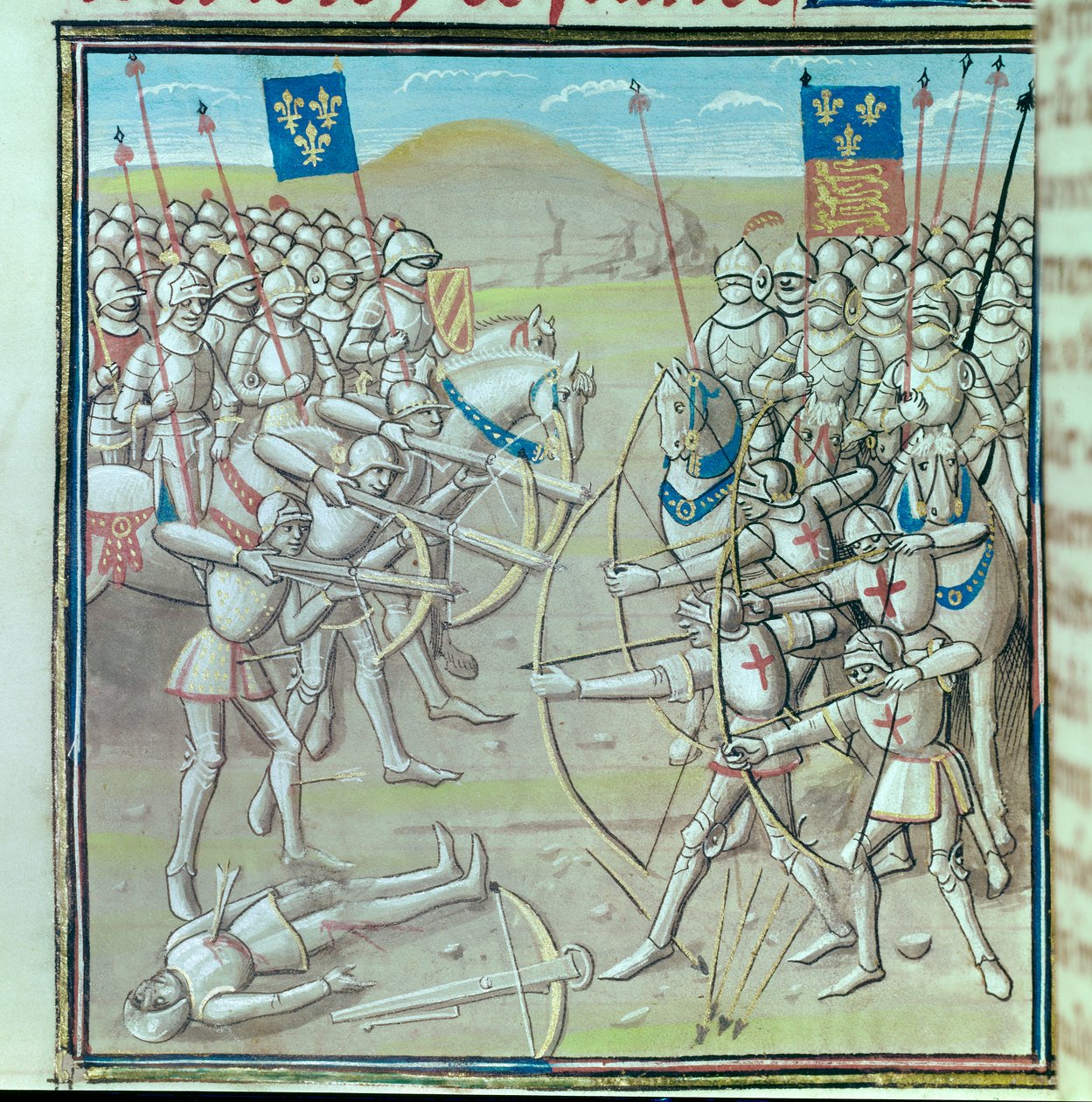 Honderdjarige Oorlog: de Slag bij Crécy op 26/08/1346 tussen de Fransen en de Engelsen. Miniatuur uit een 14e-eeuws manuscript Parijs, Bibliothèque de l