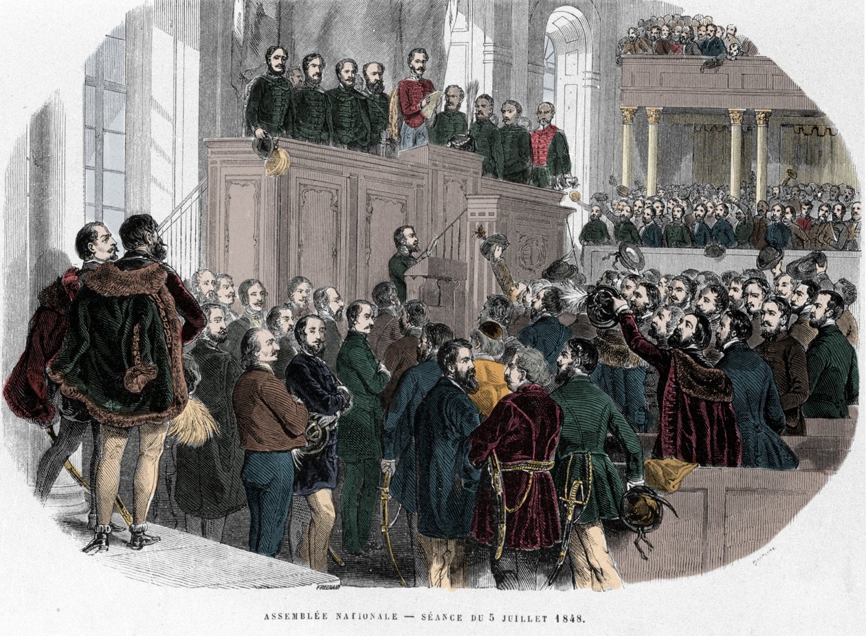 Hongaarse Revolutie van 1848: Eerste vergadering van de Nationale Vergadering in Hongarije op 5 juli 1848. Gravure in 
