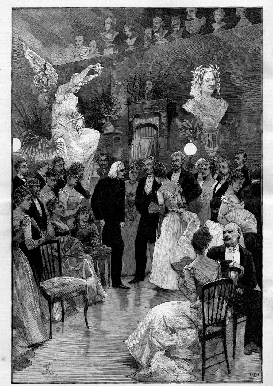 Hongaarse componist en pianist Franz Liszt (1811-1886) in Parijs tijdens een viering ter ere van hem in het atelier van beeldhouwer Cyprian Godebski (1835 - 1909). Gravure in 