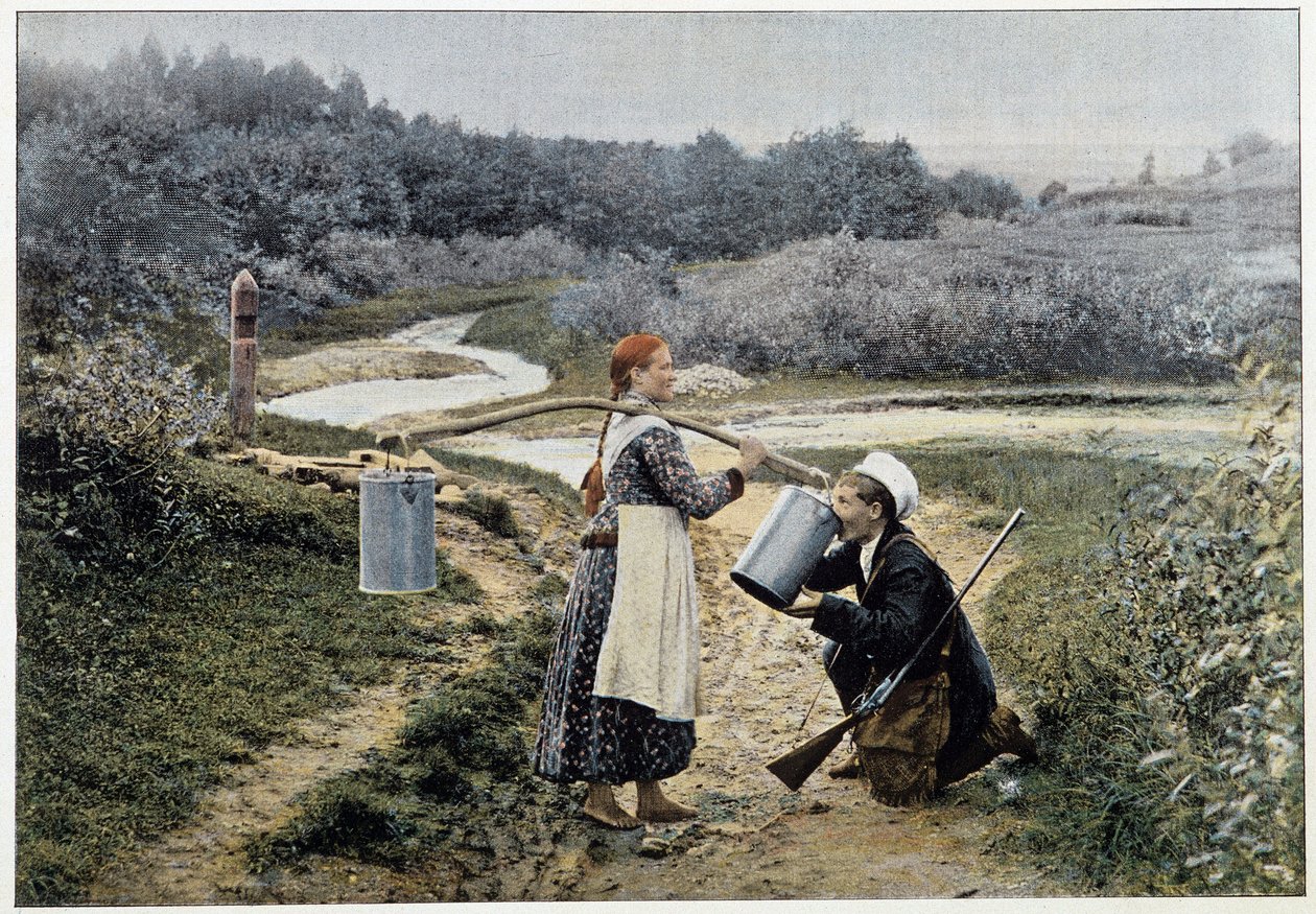 Jager en meisje bij de fontein (Rusland) - fotografie, eind 19e eeuw door Unknown artist