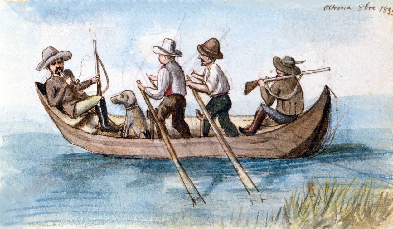 Jagers in de moerassen. Tekening door Unknown artist