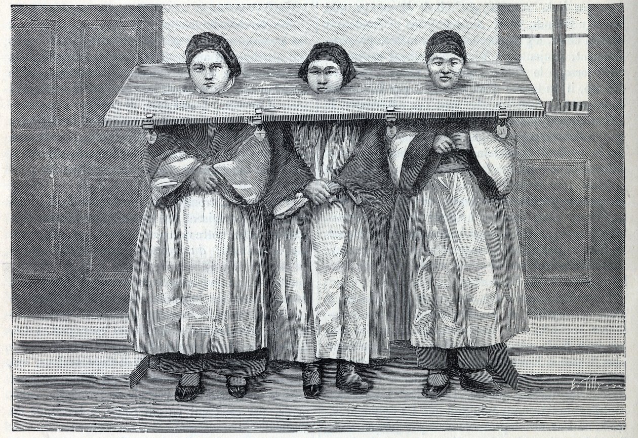 Jacht in China: de cangue, een martelwerktuig (een soort schandpaal) toegepast op moeders die kindermoord hebben gepleegd. Gravure in 